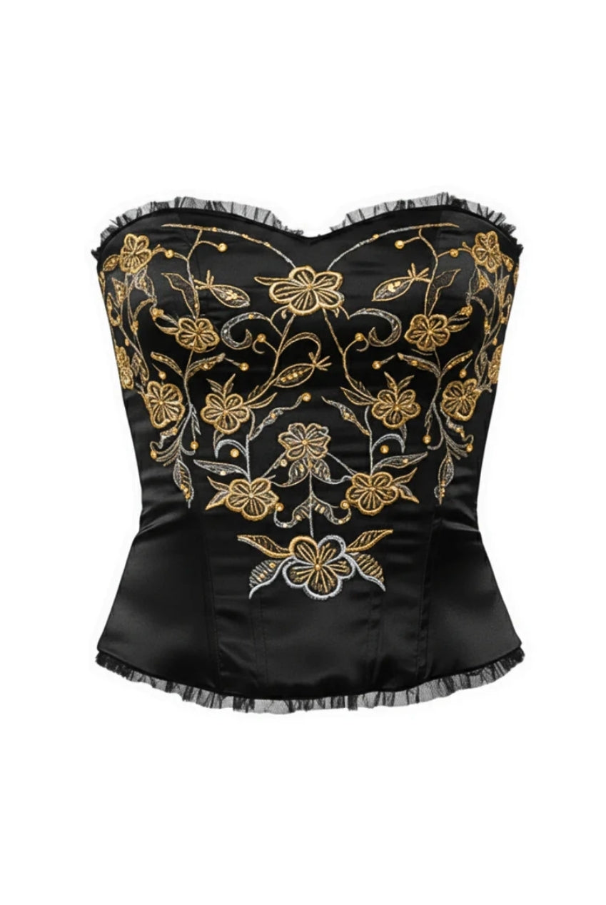 Black Floral Embroidered Satin Bustier Corset Top AV-00014BLK