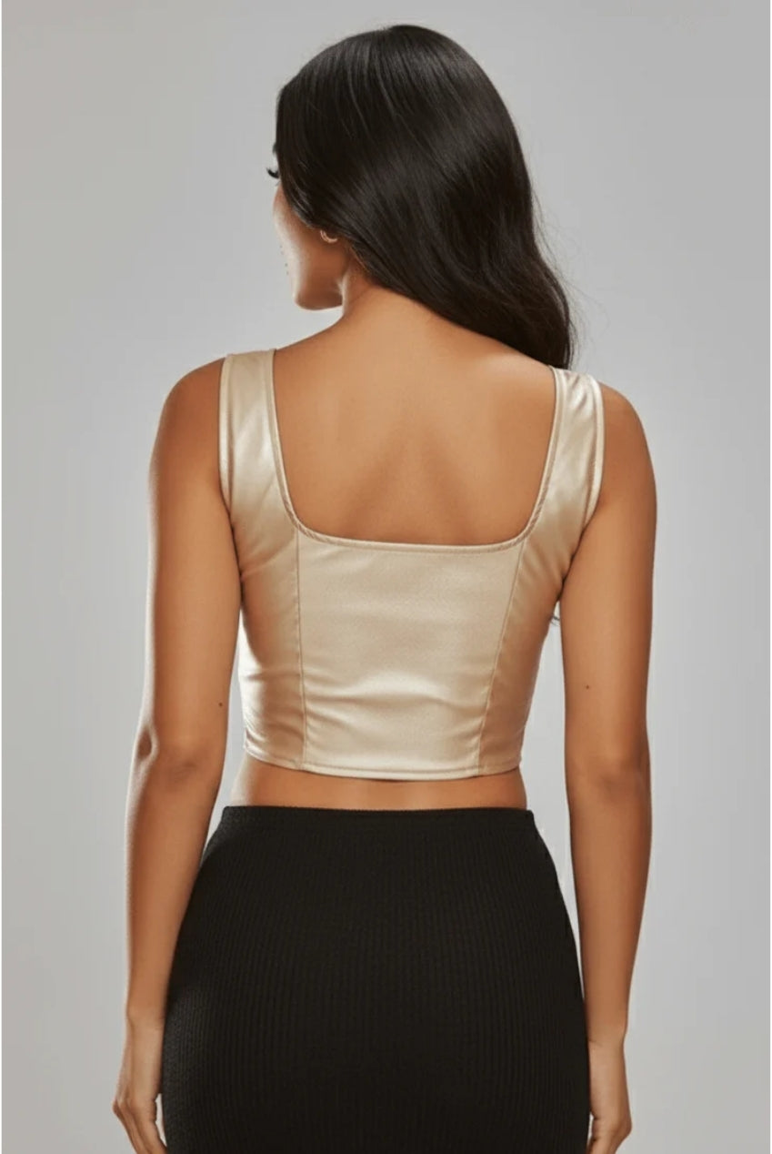 Gold Faux Leather Square Neckline Corset Top AV-CNF5974GLD
