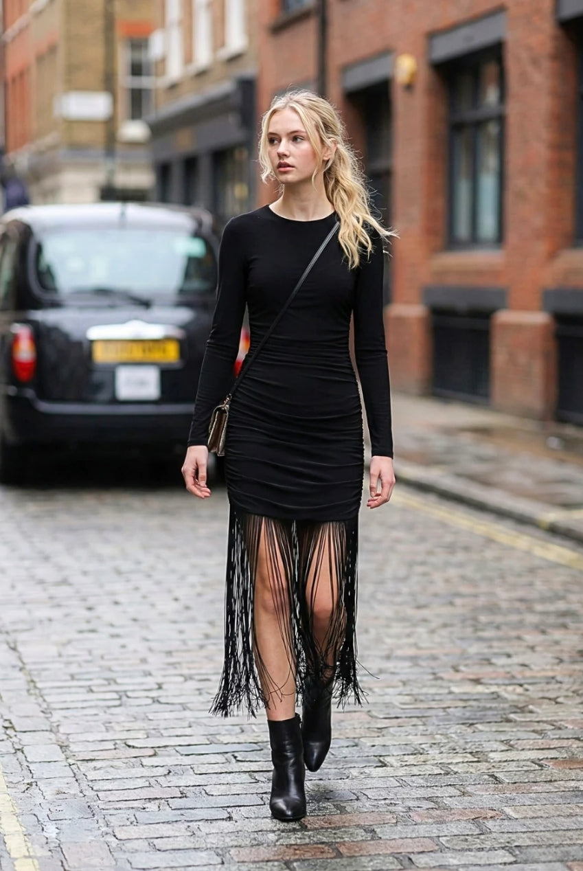 Black Fringe Tassel Hem Cami Long Sleeve Bodycon Midi Dress AV-GZZ73028
