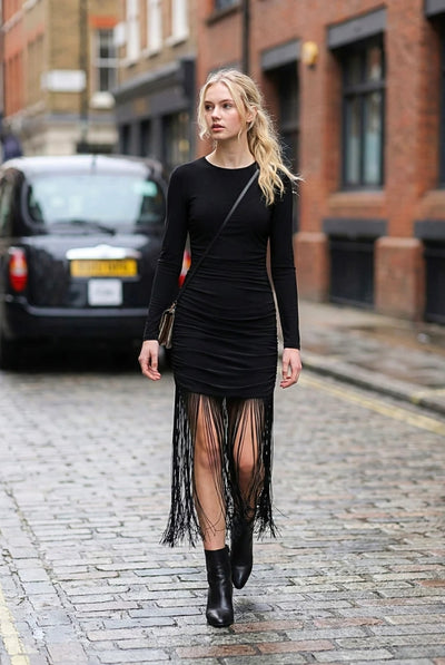Black - Black Fringe Tassel Hem Cami Long Sleeve Bodycon Midi Dress by Avinci