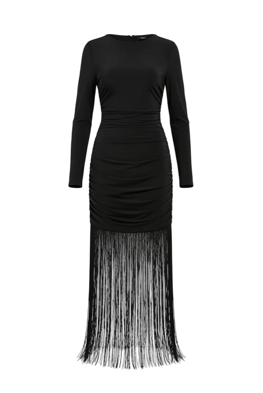 Black Fringe Tassel Hem Cami Long Sleeve Bodycon Midi Dress AV-GZZ73028