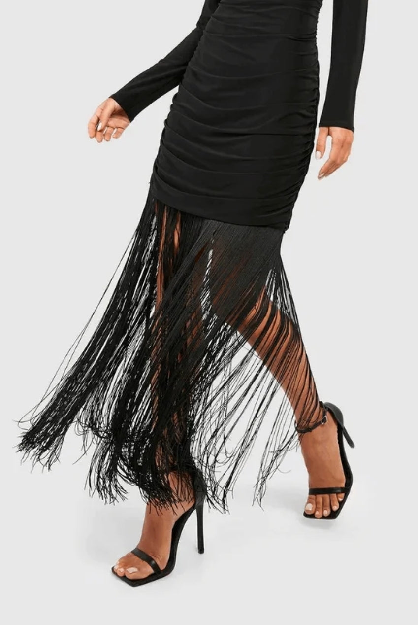 Black Fringe Tassel Hem Cami Long Sleeve Bodycon Midi Dress AV-GZZ73028