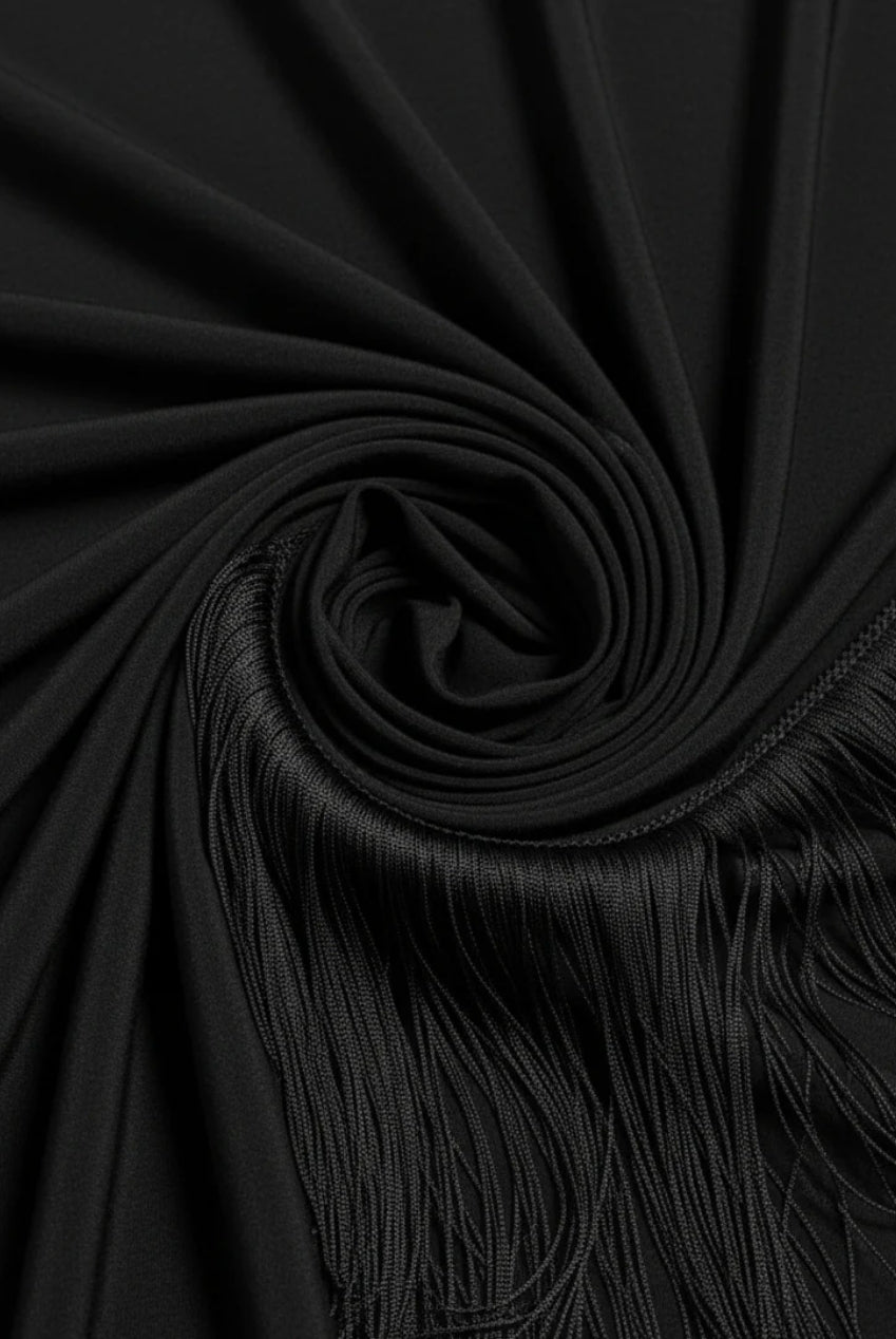 Black Fringe Tassel Hem Cami Long Sleeve Bodycon Midi Dress AV-GZZ73028