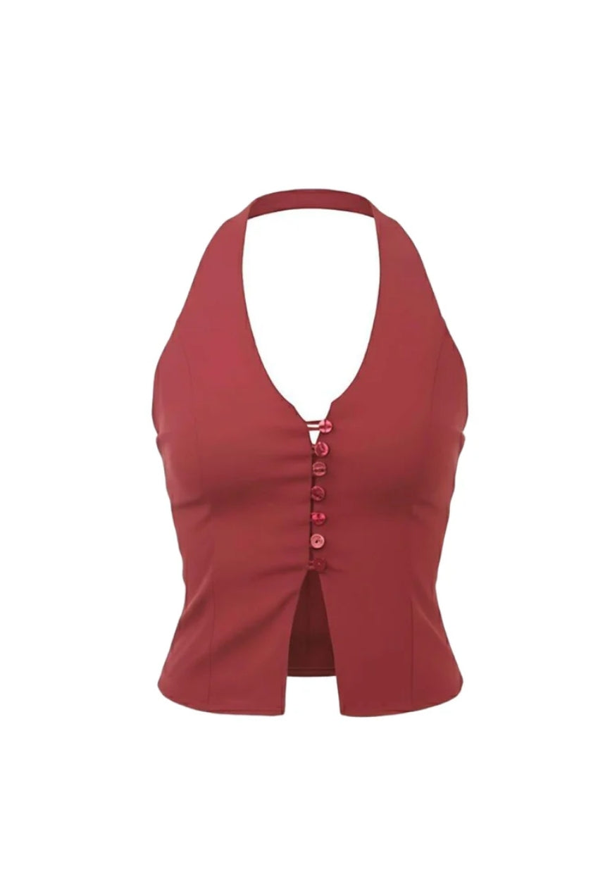 Wine Crepe Style Sleeveless Crop Halter Top AV-S1140WN
