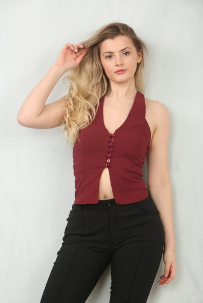 Wine - Wine Crepe Style Sleeveless Crop Halter Top by Avinci