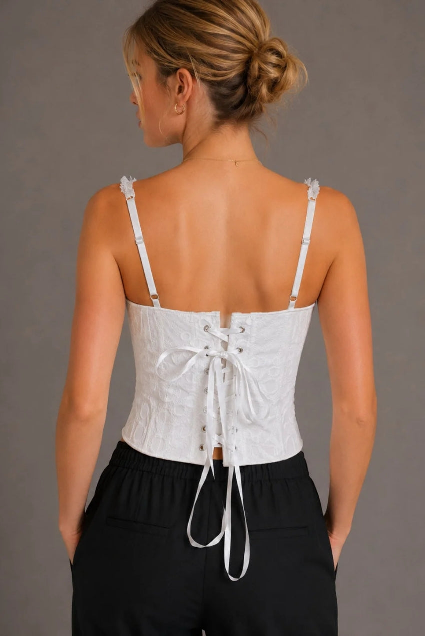 White Lace Corset Top With Adjustable Lace-Up Back AVCH-8867E