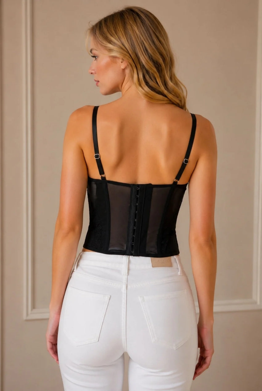 Black Lace Mesh Corset Top With Adjustable Straps AVCH-8888