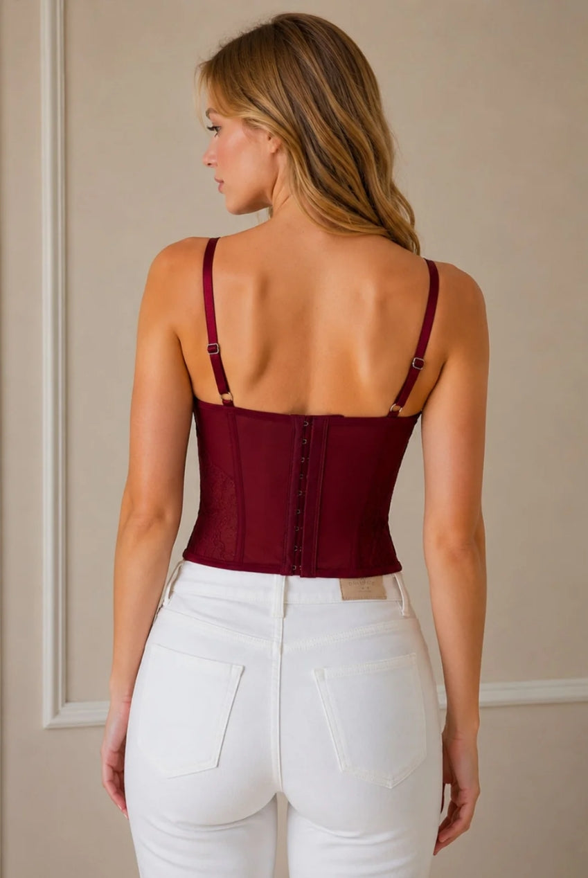 Wine Lace Mesh Corset Top With Adjustable Straps AVCH-9999
