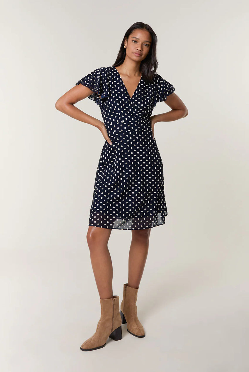 Polka Dot Mesh Frill Sleeve Wrap Dress With Tie Waist AW25167B008