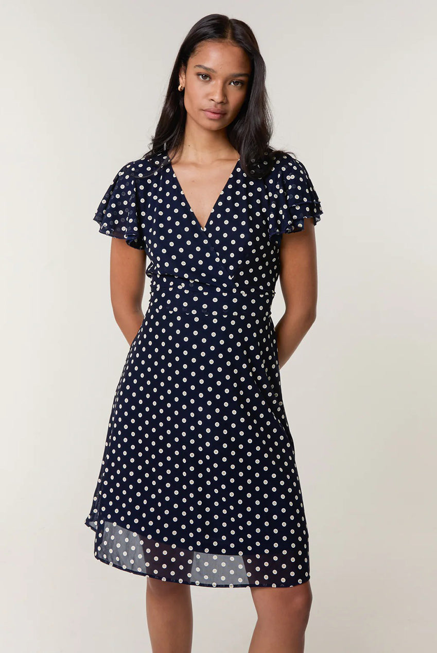 Polka Dot Mesh Frill Sleeve Wrap Dress With Tie Waist AW25167B008