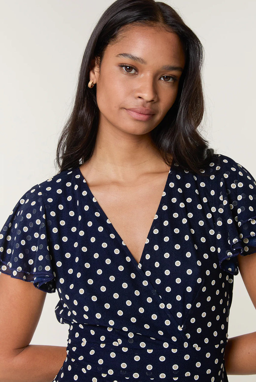 Polka Dot Mesh Frill Sleeve Wrap Dress With Tie Waist AW25167B008