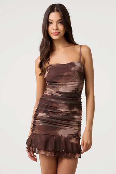Chocolate - Blurred Floral Strappy Mini Dress by Pink Vanilla