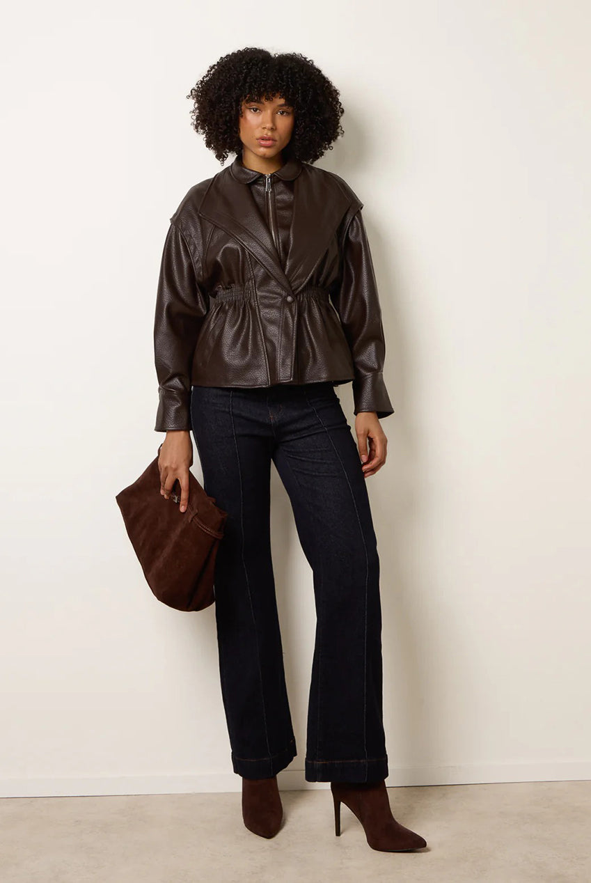 Collared Shirred Waist Faux Leather Jacket AW25425B030