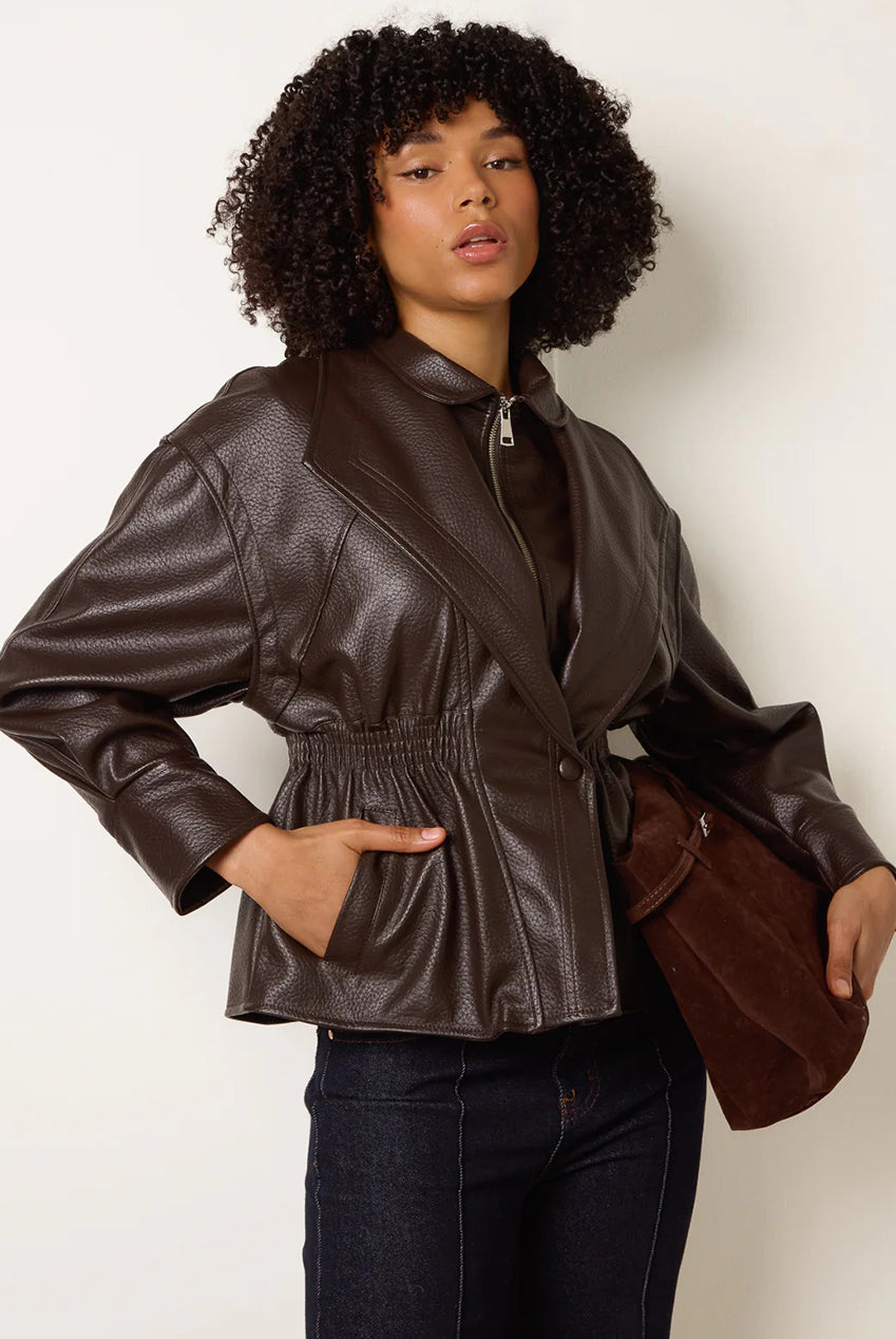 Collared Shirred Waist Faux Leather Jacket AW25425B030