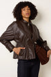 Collared Shirred Waist Faux Leather Jacket by Blue Vanilla