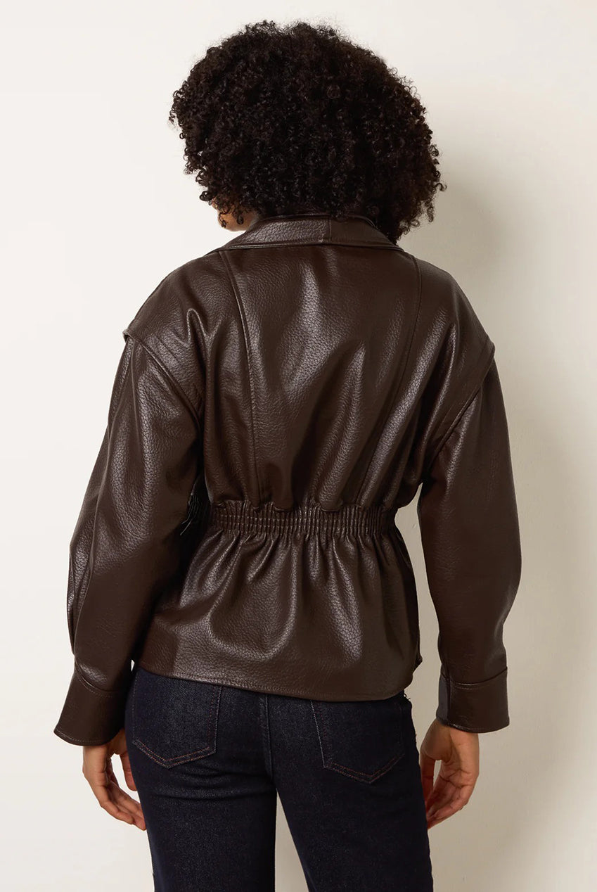 Collared Shirred Waist Faux Leather Jacket AW25425B030