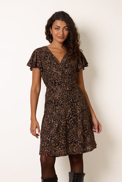 Animal Print - Leopard Print Lace Frill Sleeve Wrap Mini Dress by Blue Vanilla