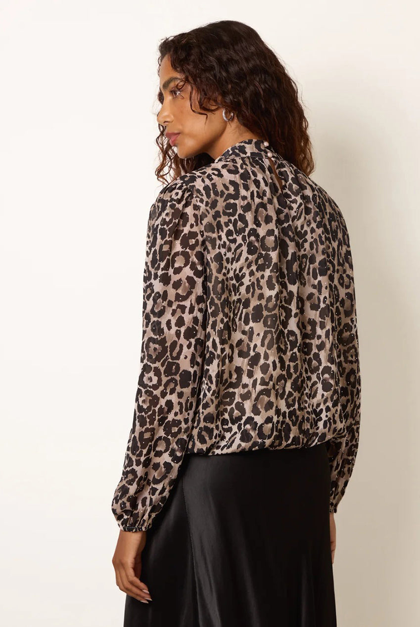 Leopard Diamante Tie Neck Puffball Blouse AW26013B058