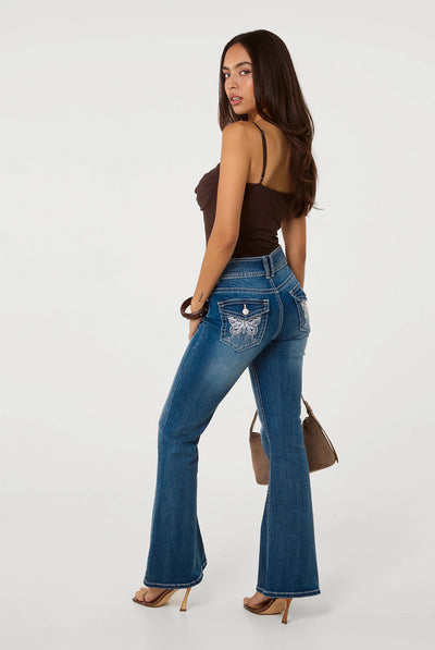 Denim Blue - Embellished Butterfly Pocket Flare Jeans by Pink Vanilla