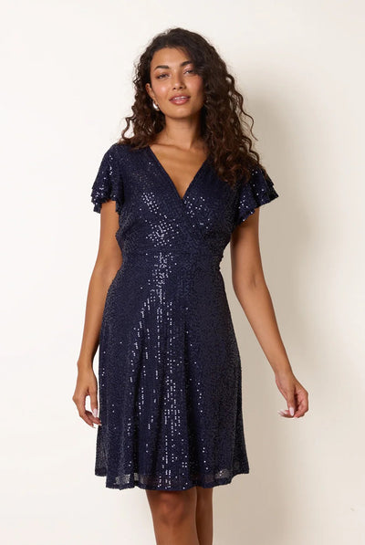 Navy - Sequin Wrap Double Frill Sleeve Dress by Blue Vanilla