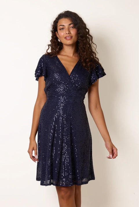 Sequin Wrap Double Frill Sleeve Dress by Blue Vanilla