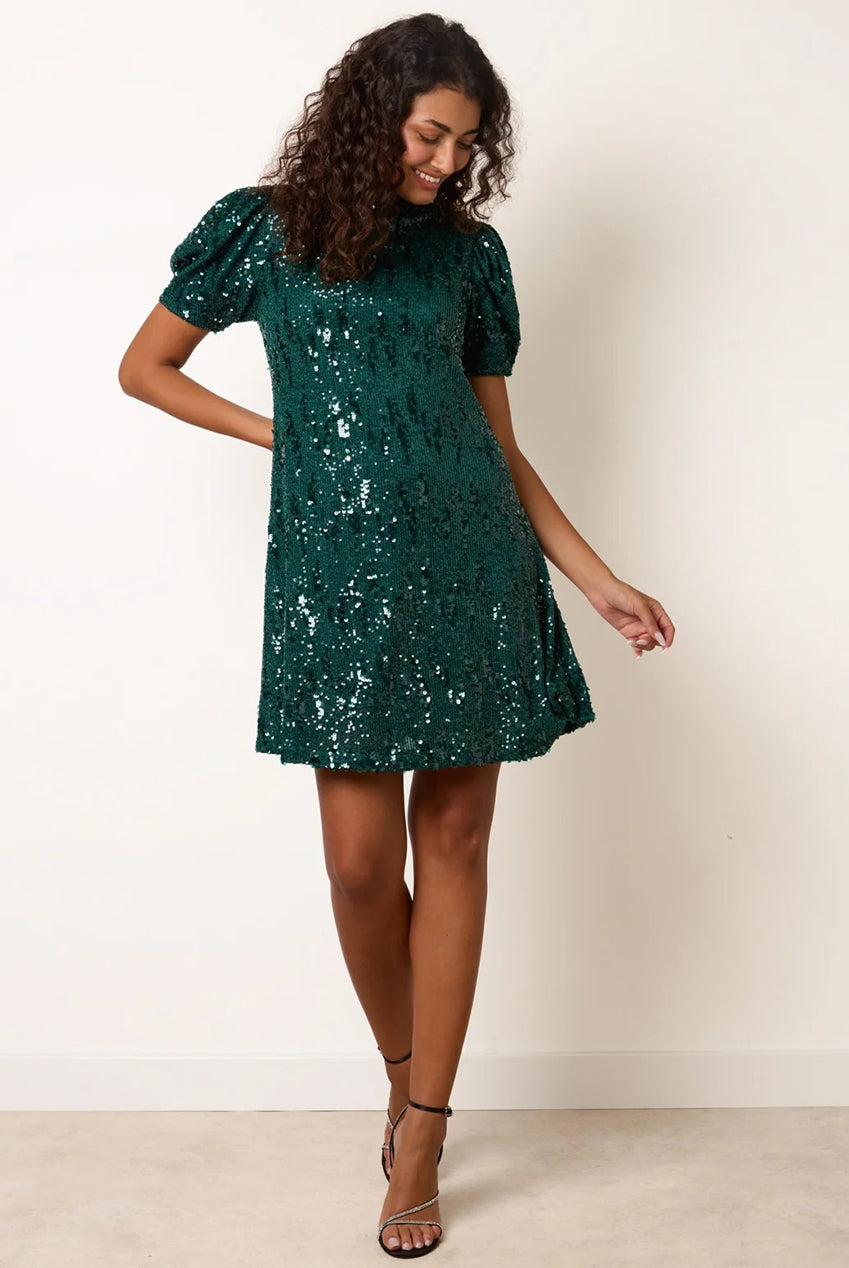 Puff Sleeve Sequin Mini Swing Dress AW26075B043