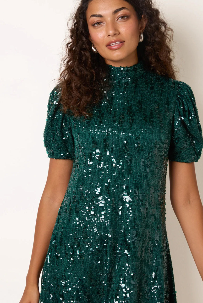 Puff Sleeve Sequin Mini Swing Dress AW26075B043