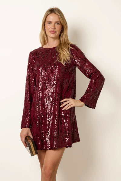 Wine - Sequin Swing Flare Sleeve Mini Dress by Blue Vanilla
