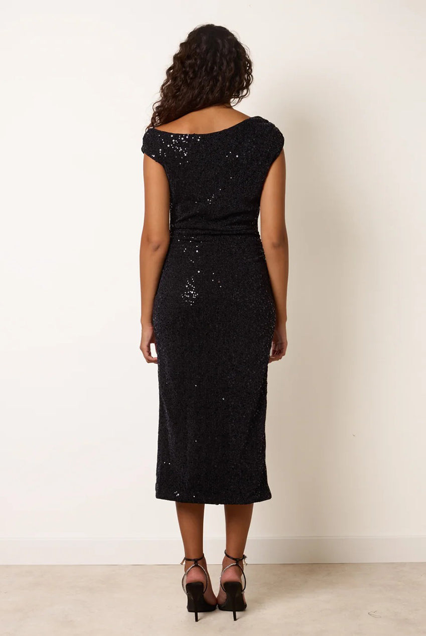 Off Shoulder Ruched Sequin Midi Dress AW26078B008