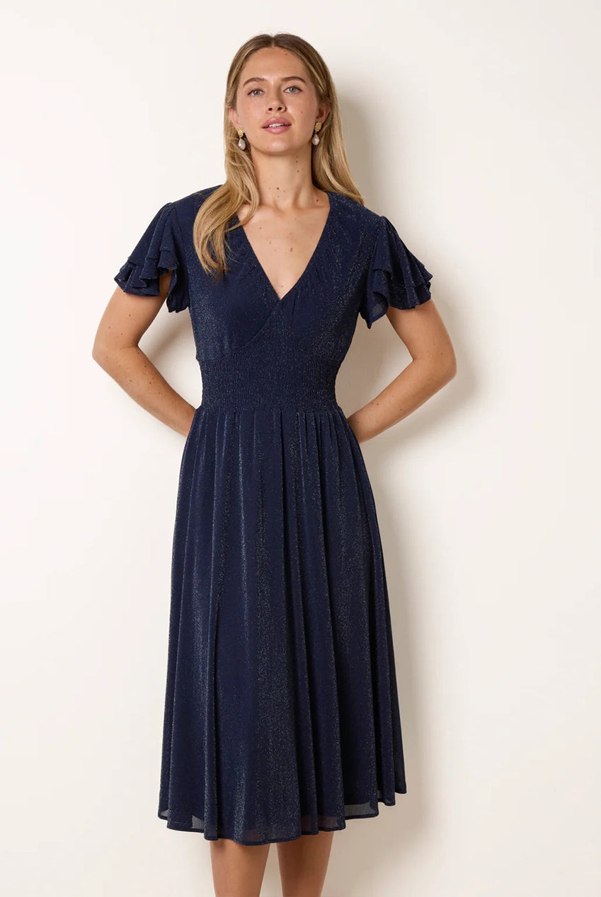 Metallic V Neck Double Frill Sleeve Midi AW26084B008