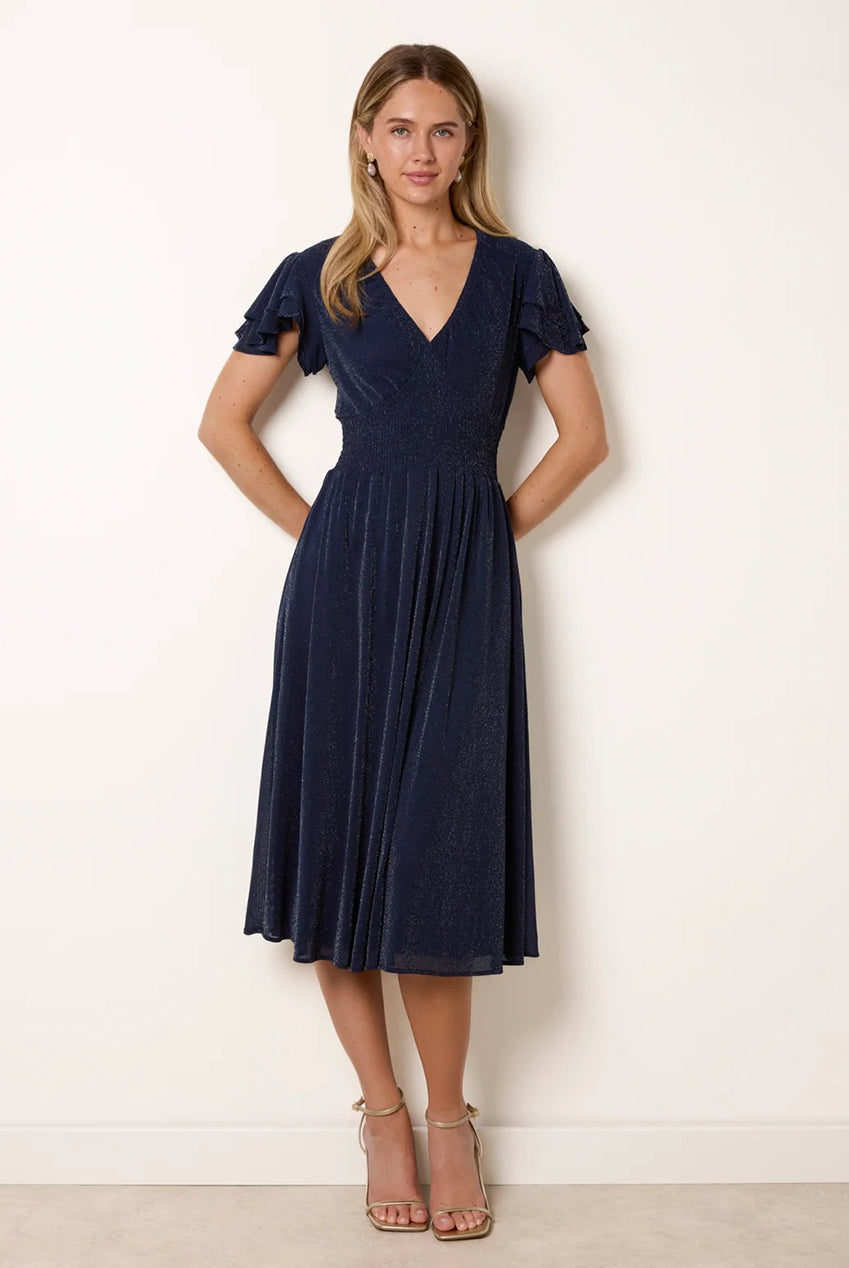 Metallic V Neck Double Frill Sleeve Midi AW26084B008