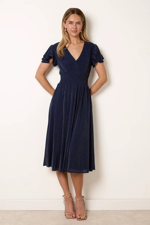 Metallic V Neck Double Frill Sleeve Midi by Blue Vanilla