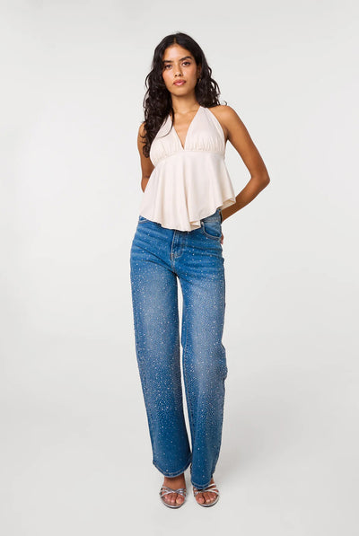 Denim Blue - Washed Diamante Scatter Wide Leg Jeans by Pink Vanilla