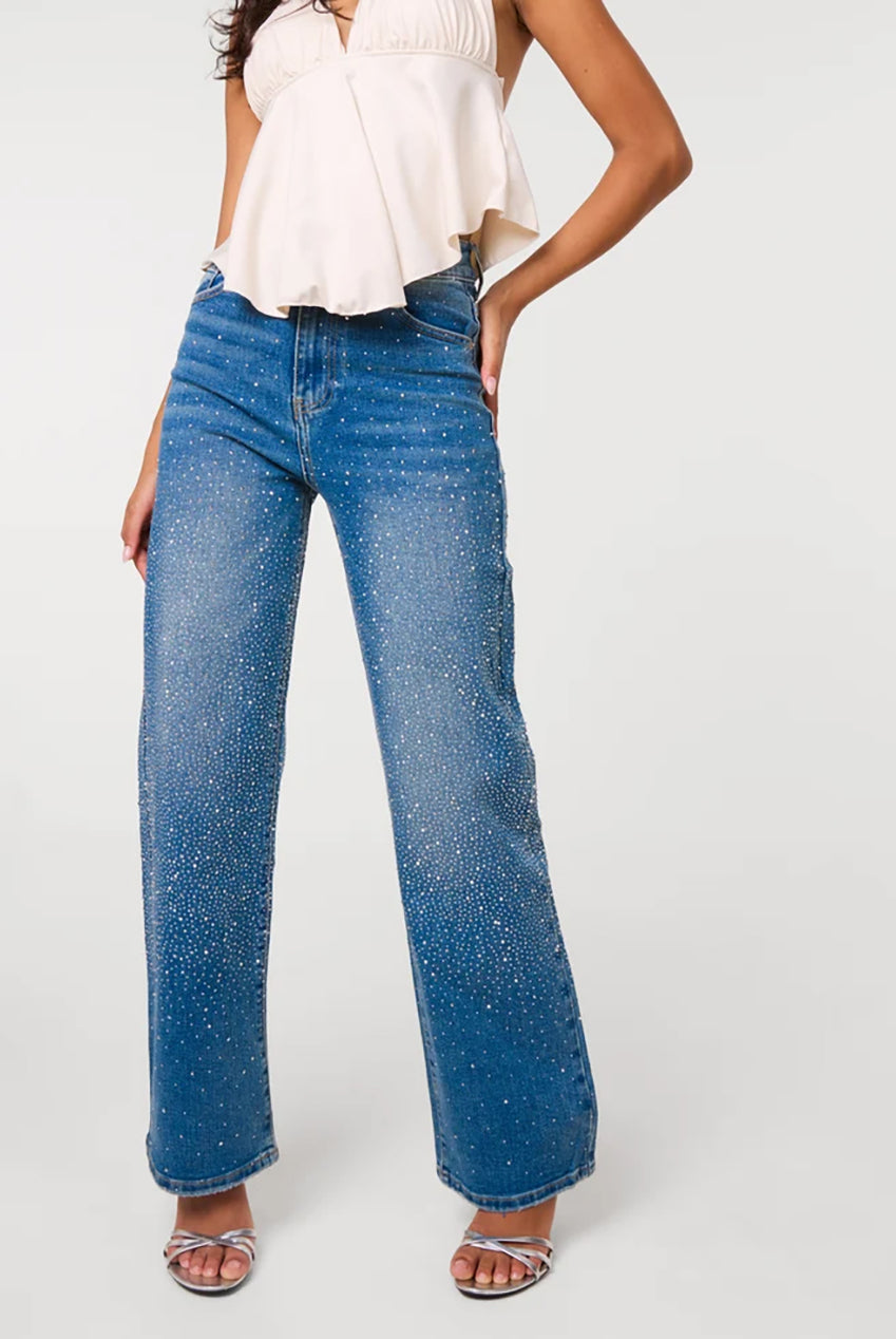 Washed Diamante Scatter Wide Leg Jeans AW26125P018