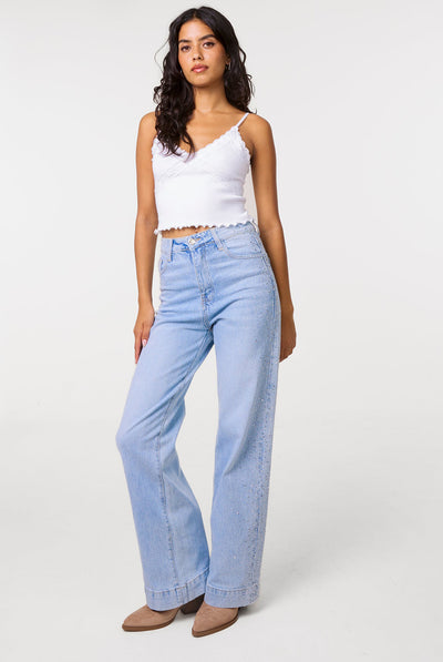 Light Denim - Diamante Side Wide Leg Jeans by Pink Vanilla