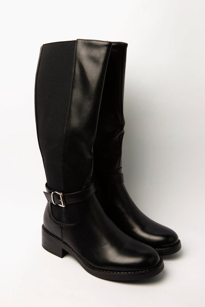 Black - Buckle Detail Low Heel Long Boots by Blue Vanilla