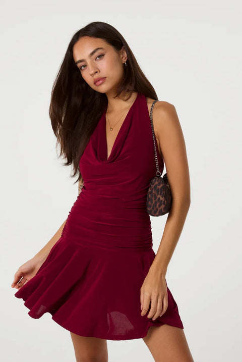 Slinky Cowl Neck Ruched Mini Dress by Pink Vanilla