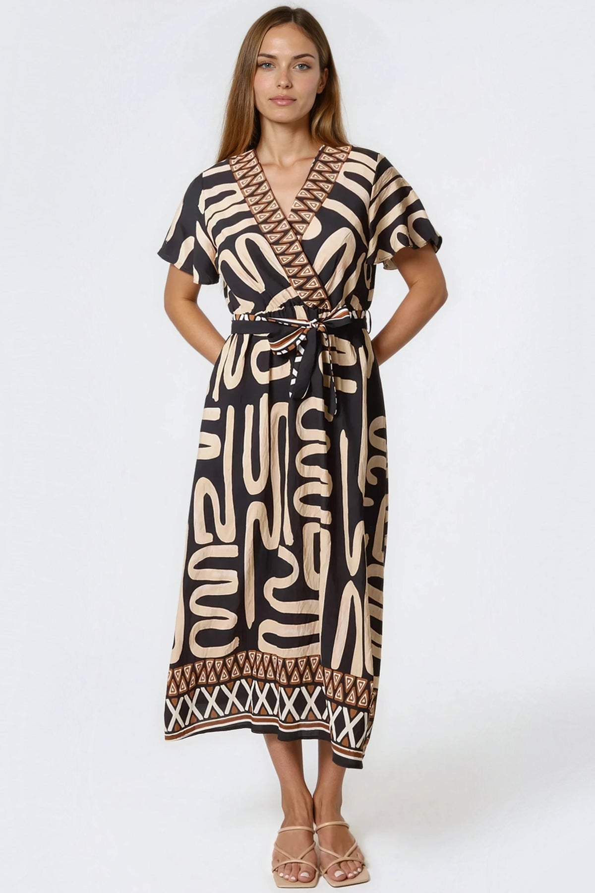 Black Abstract Print Wrap Midi Dress ALCC2685003