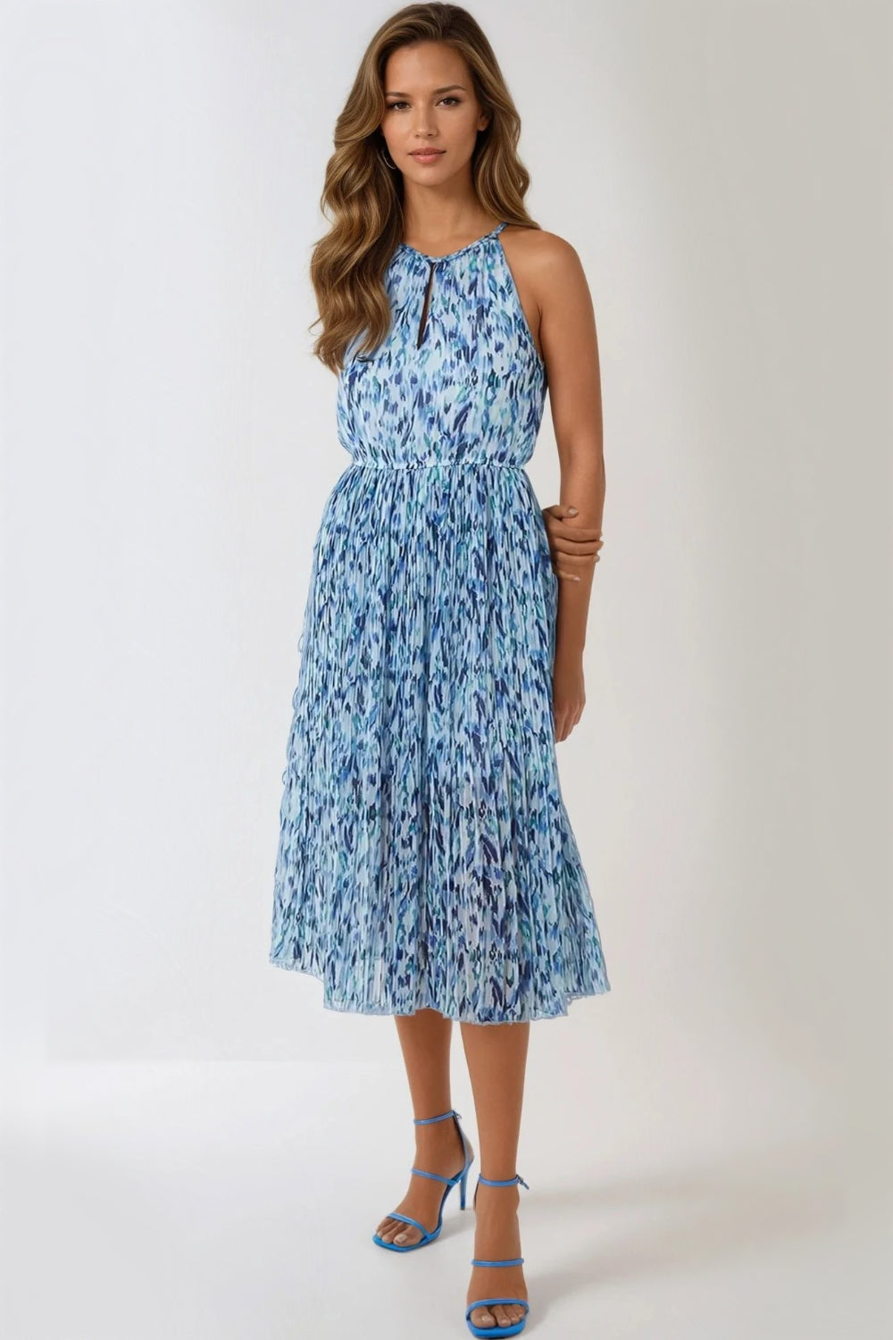 Blue Abstract Print Halterneck Midi Dress ALNL233903002