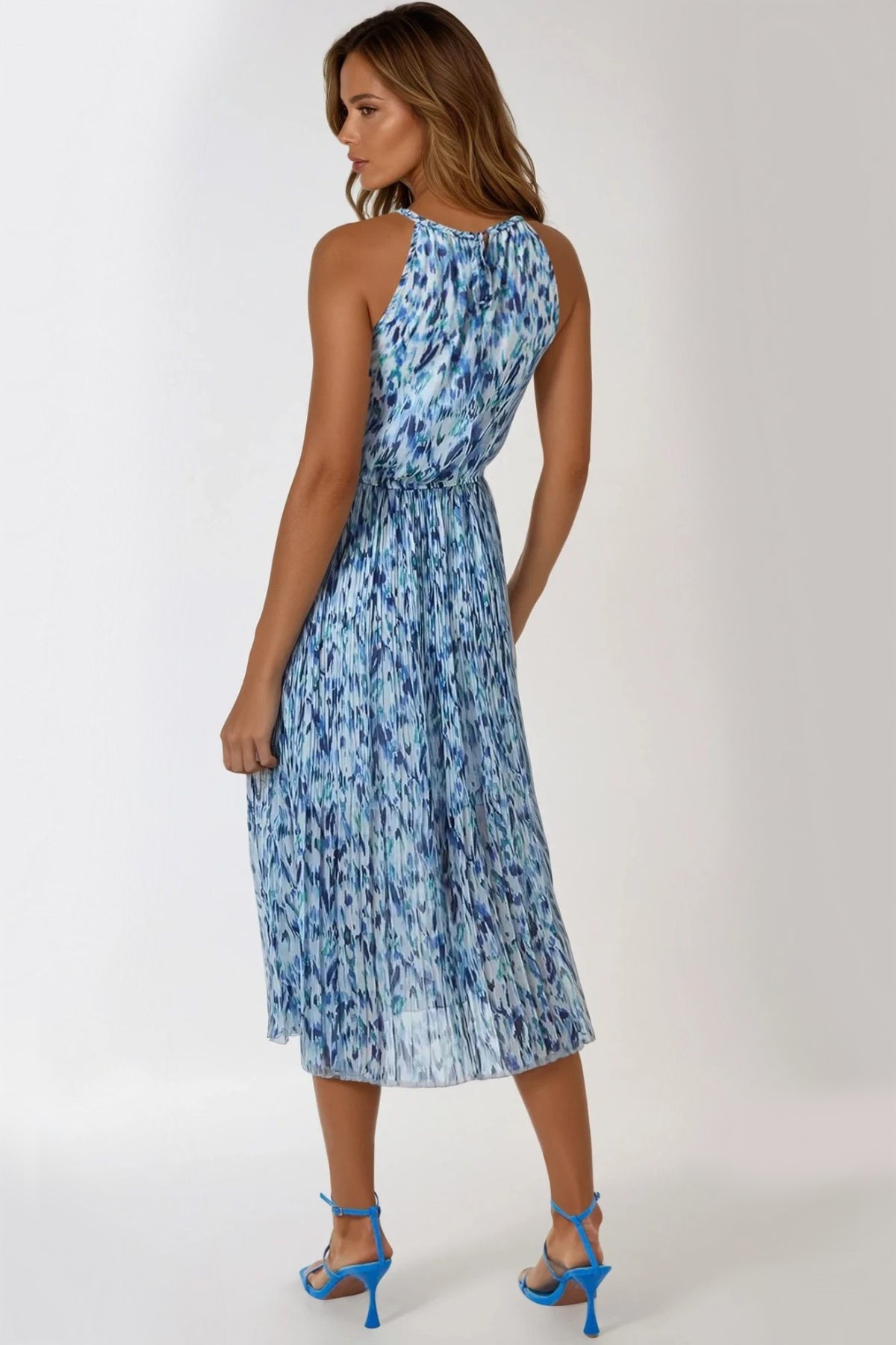 Blue Abstract Print Halterneck Midi Dress ALNL233903002