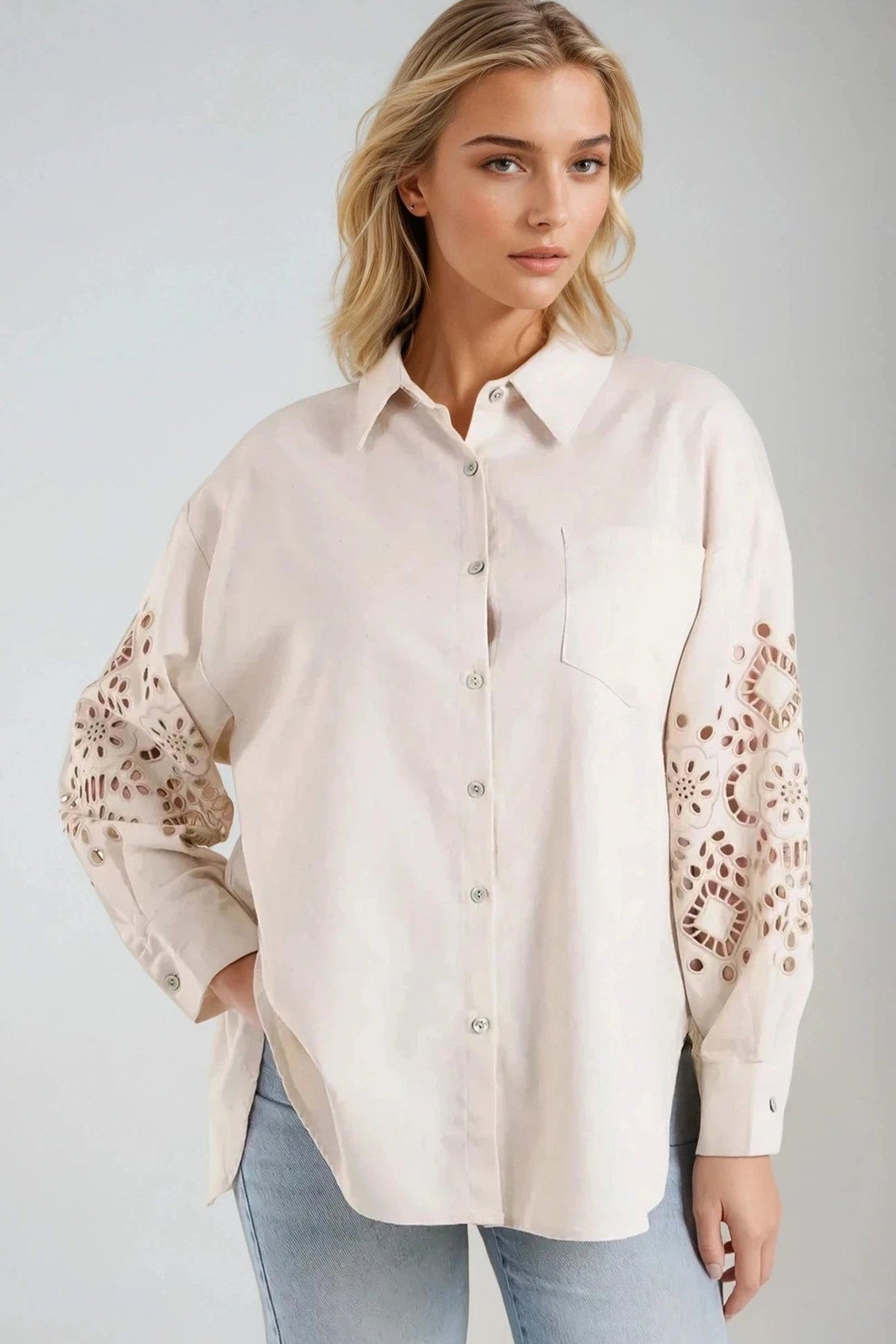 Beige Embroidered Sleeve Linen Blend Shirt ALWF5444