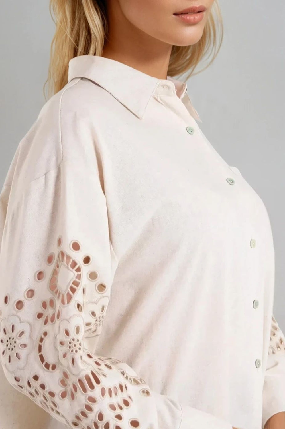 Beige Embroidered Sleeve Linen Blend Shirt ALWF5444