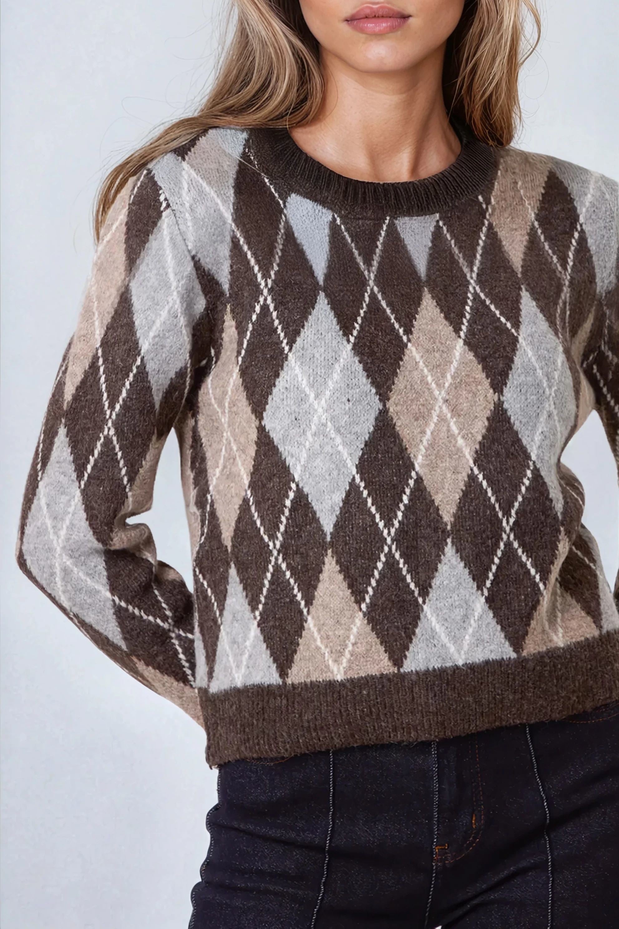 Light Brown Grey Wool Blend Jacquard Jumper ALWF5576