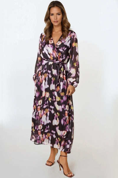 Black - Black Abstract Print Wrap Midi Dress by Aftershock London