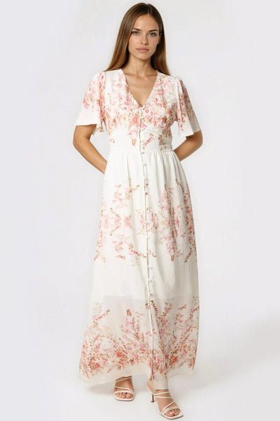 Pink - Pink Blossom  Button Through Cotton Maxi Dress by Aftershock London