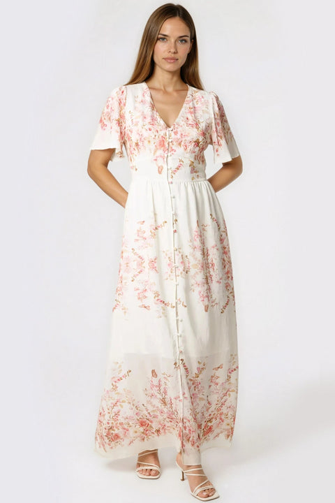 Pink Blossom  Button Through Cotton Maxi Dress by Aftershock London