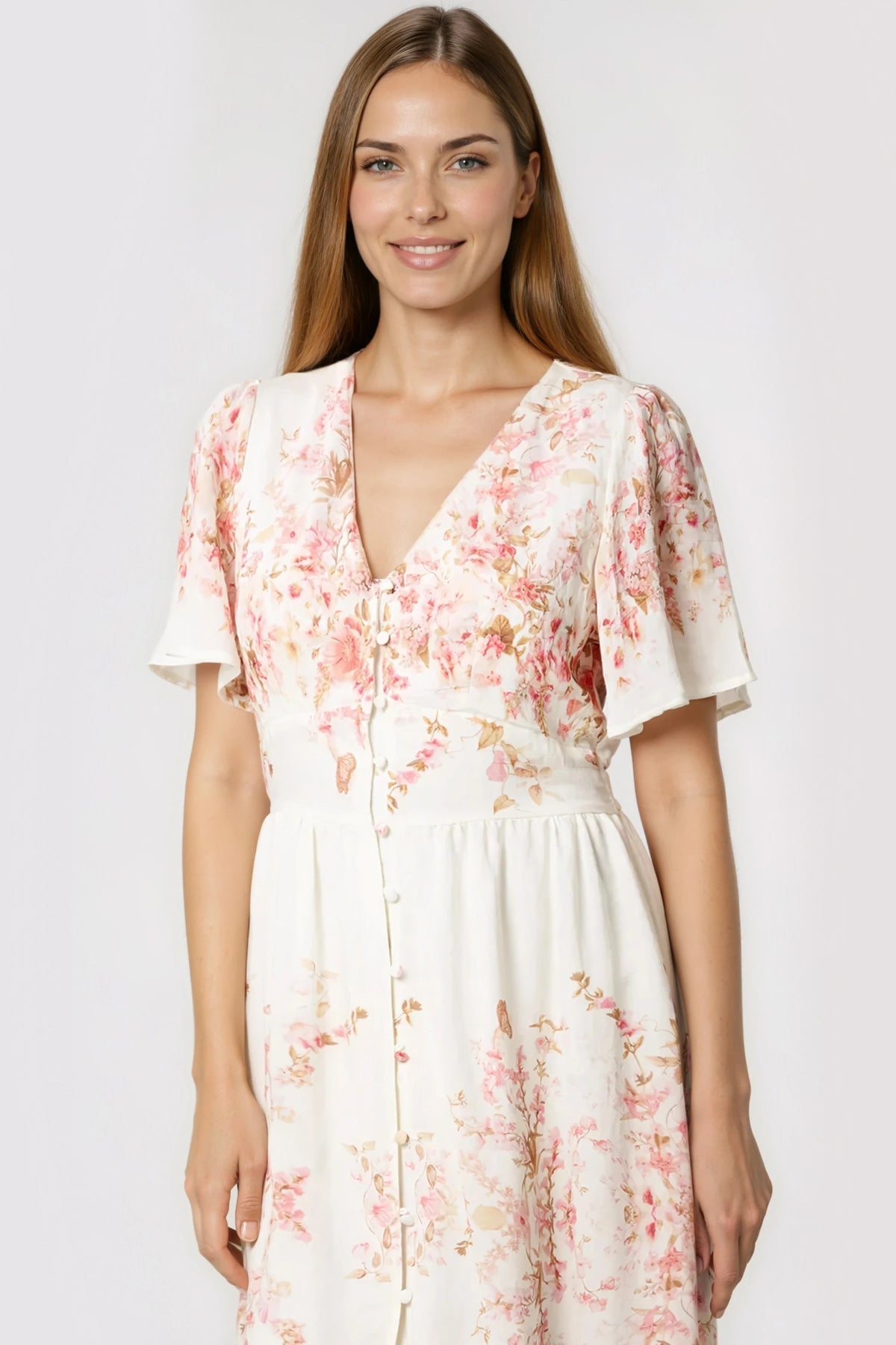 Pink Blossom  Button Through Cotton Maxi Dress ALWF5695NV020