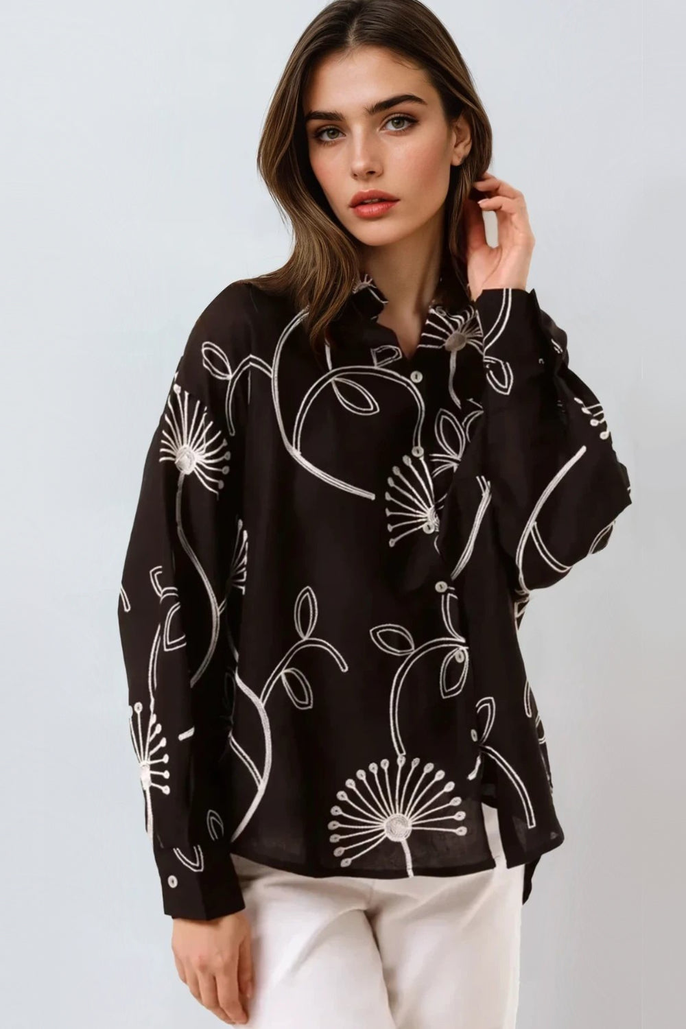 Black Embroidered Linen Blend Shirt ALWF5442