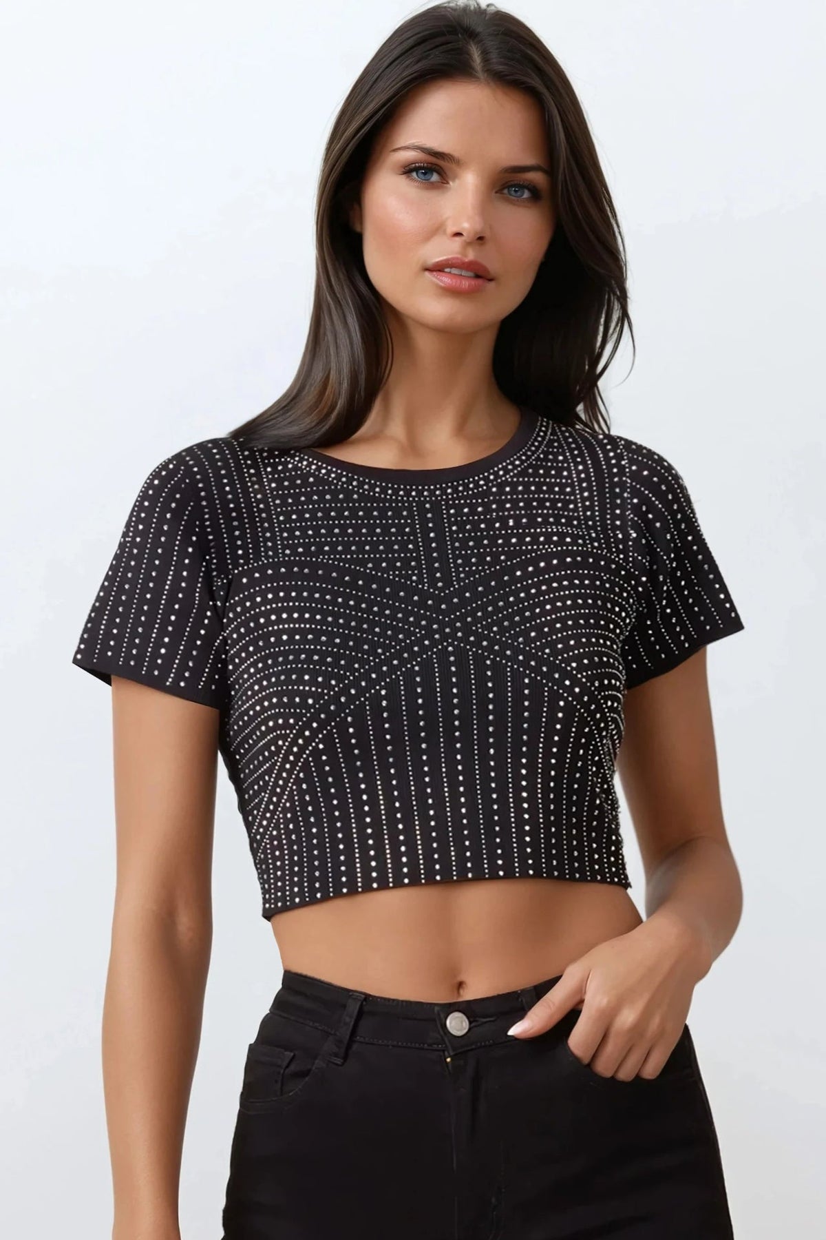 Black Embellished Crop Top ALQ3652003