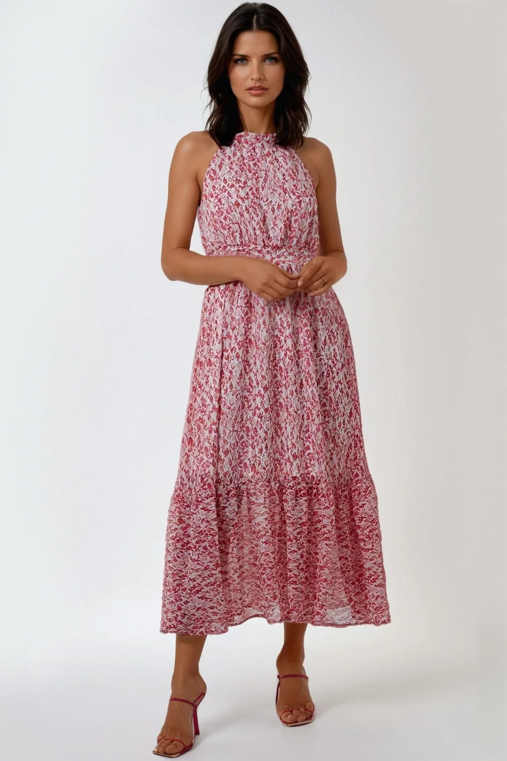 Pink Abstract Print Halterneck Maxi Dress ALNL233911014